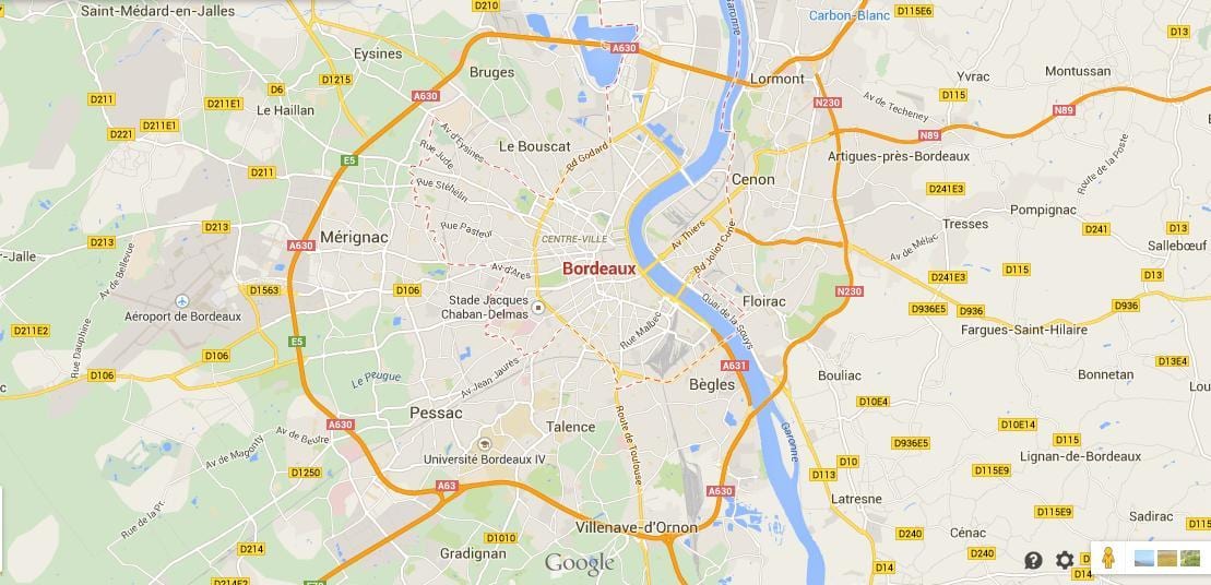kart Bordeaux-området, frankrike